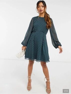 Ted Baker Kobie Heart Polka Dot Long Sleeve Chiffon Dark Green Dress